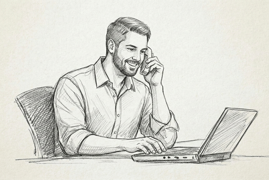 Zeichnung eines Mannes am Telefon und Laptop (KI generiert)